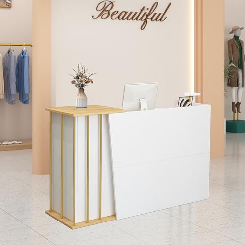 HGTRH Empfangstheke Holzoptik, Empfangstresen mit Schreibtisch, Empfangstheke Salon Kosmetikstudio 100cm,120cm, 140cm Rezeption Tisch Verkaufstheke Ladentheke Tresen White 120cm