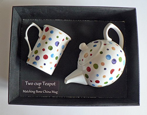 Spots Teapot and Bone China Mug in Gift Tray Porcelain teapot, with Bone China Mug Decorated with Colourful Polka dot Design in Gift Boxed Package