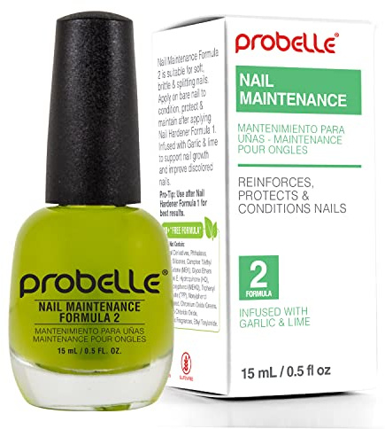 Probelle Formel 2 nagelunderhåll med vitlök och lime, nagelhardener och styrka med svampskydd och färgskydd 15 ml