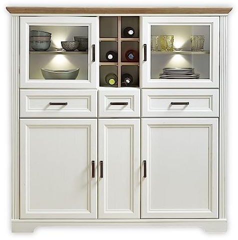 JASMIN Highboard in Pinie hell, Artisan Eiche Optik - Wohnzimmerschrank mit Schubladen und LED-Beleuchtung im Landhausstil - 143 x 150 x 42 cm (B/H/T) | 143 x 150 x 42 cm (B/H/T), weiße LED-Beleuchtung, 3 Schubladen, Glas- und Holztüren, 6 offene Fächer, Wohnzimmer, Landhaus