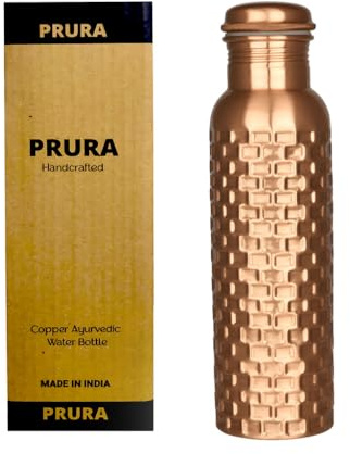 PRURA, ayurvedische Kupfer-Wasserflasche, auslaufsicheres naturreines Kupfergefäß 900ml/30oz