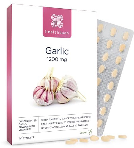 Healthspan Garlic 1,200mg (120 Tablets) | Supports Heart Health & The Respiratory System | Maintains Normal Cholesterol Levels | Added Vitamin B1 | Odour-Controlled & Easy to Swallow | Vegetarian