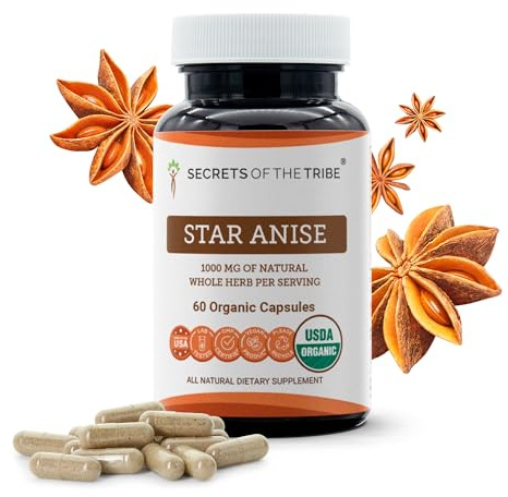 Secrets of the Tribe Star Anise 60 Capsules, 1000 mg, USDA Organic Star Anise (Illicium verum) Dried Seed (60 Capsules)