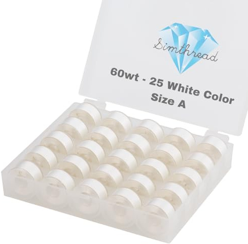 Simthread, 25 fili bianchi preavvolti per bobine misura A classe 15 (SA156) 60 WT con custodia in plastica trasparente 70D/2 per macchina per filo da ricamo Brother fai da te