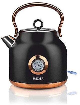 HAEGER ART DECO BLACK - Hervidor electrico en Acero Inox, 1.7 Litros, 2200W, Sistema sin cables y Base giratoria de 360º, Resistencia oculta, Protección contra el sobrecalentamiento