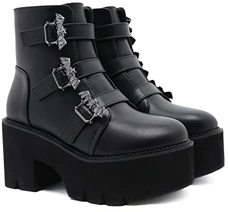 HOTRA Stivali con Plateau da Donna Stivali Cosplay con Tacco Grosso Gotico Stivale da Cavaliere con Fibbie Punk Stivaletti alla Caviglia con Punta Tonda (Color : Nero, Size : 43 EU)