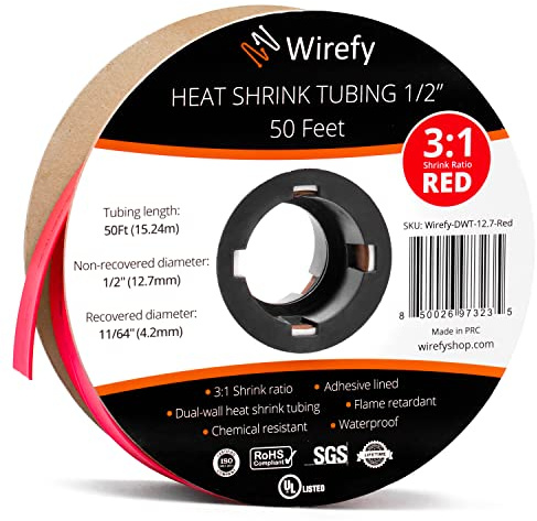 Wirefy Tubo Termorretráctil 12,7 mm - Tubo Termoretractil de Doble Pared 3:1 - Revestimiento Adhesivo - Tubo Térmico - Rojo - Rollo de 15 m
