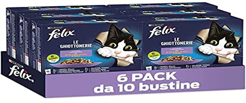 FELIX Le Ghiottonerie Cibo Umido Gatti Adulti Bocconcini in Gelatina con Manzo, Pollo, Salmone e Tonno - 60 Buste da 85 g