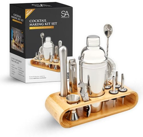 SA Products 12 Piece Cocktail Shaker Set - Stainless Steel Cocktail Accessories - Bartender Kit with Drink Shaker, Jigger, Spoon, Strainer, Corkscrew, Ice Tongs, Pestle, Pourers, Bamboo Display Stand