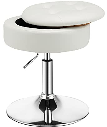 COSTWAY Schminkhocker 360° drehbar, Schminktisch Hocker mit Stauraum, Sitzhöhe 51-66cm, Sitzhocker Bürohocker gepolstert, Barhocker rund, modern (Weiß)