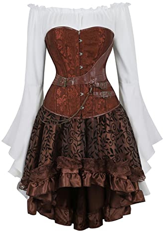 Grebrafan Steampunk Damen Corsage mit Tüll Rock und Piraten Bluse Kunstleder Korsett Kostüm (EUR(42-44) 3XL, Braun)