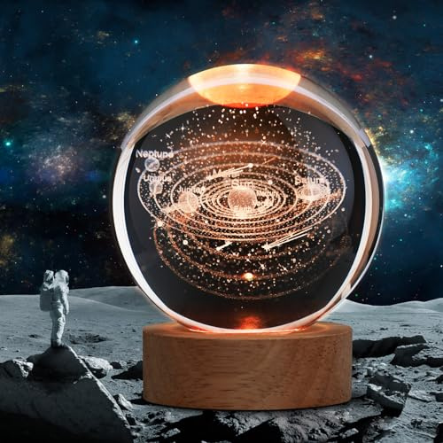 JANARARY Large 3D Solar System Crystal Ball, Crystal Lamp 16 Color Changing Night Light with Remote Control for Bedroom Decor, Ideal Birthday Gift for Teens Boys and Girls, Solar System Model