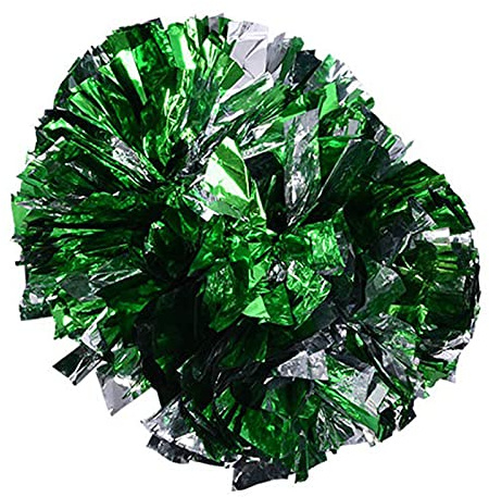 BORDSTRACT Cheerleading Pom Poms with Baton Handle, Cheerleader Cheering Squad Pompoms for Team Spirit Sports Dance Games Cheering Kids Adults(Green+Silver)