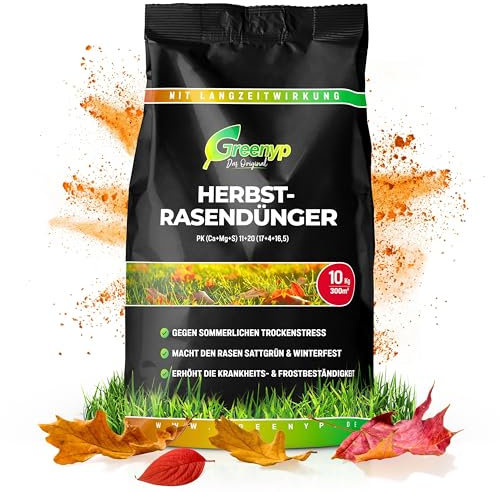 Greenyp Herbstrasendünger Langzeit (20kg / 600m²) I mit 90 Tage Langzeitwirkung + extra Kalium I macht den Rasen Winterfest & Tiefgrün I Herbstdünger Rasen Rasendünger Herbst