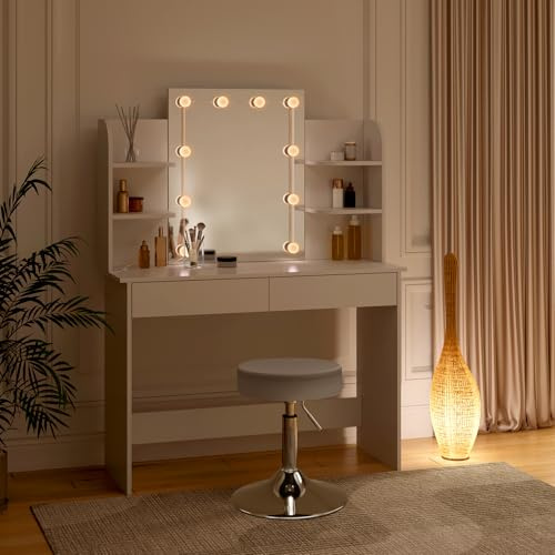 WOLTU Toeletta Trucco con Specchio, Luci LED Luminosità Regolabile, Sgabello Girevole, 108x40 cm, Tavolo da Trucco Bianco con 2 Cassetti e 4 Ripiani, in Legno, MB6106ws
