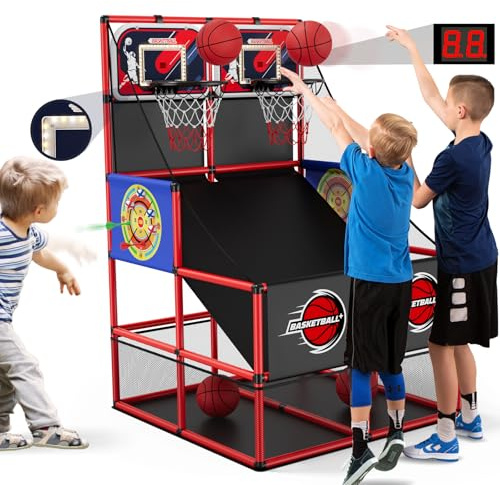 HYES 3 in 1 Dual Shot Basketball Arcade Game with 2 Dart Boards/Electronic Scoreboard/LED Light, Basketball Hoop for Kids Indoor Outdoor, Sport Toys Gifts for Boys Girls Ages 3-12 Years Old