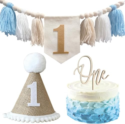Yoolhamy 1st Birthday Banner for High Chair Boho 1st Birthday Hat Decorations Party For Baby Girl Boy Shower Crown Hats Wall Hangings Cake Topper Set (Baby Boy Blue)