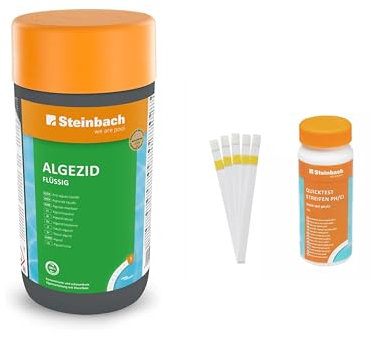 Steinbach | Poolpflege Algezid Starter-Set | flüssig, 1 l | mit 50er Teststreifen-Kit | ideal zur Wasserkontrolle | Poolwasser sauber und kristallklar