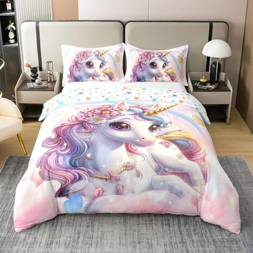 Blütenblätter Einhorn 100% Bio Baumwolle Bettbezug 200x200,Rosa Cartoon Nette Tröster Abdeckung,Mädchen Prinzessin Fancy Reversible Sterne Bett Set,Fee Thema Regenbogen Bettwäsche Abdeckung für Kinder