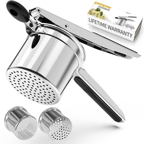 Potato Ricer,Potato Mashers,15oz and 2 Interchangeable Fixed Disc Cups for Fluffy Mashed Potatoes, Detachable and Heavy Duty Potato Ricer Stainless Steel with Silicone Handle