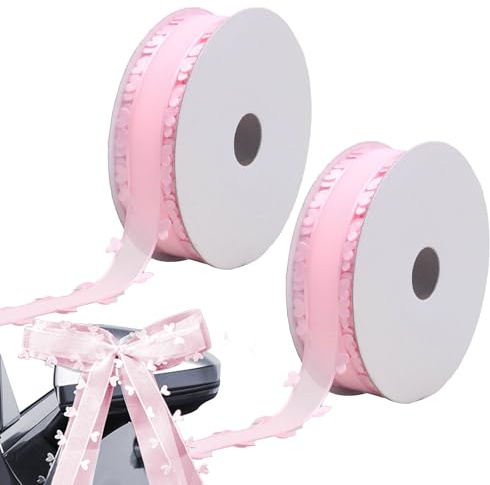 25mm x 18m Rosa Schleifenband mit Herzen, Smavles 2 Rollen Geschenkband Herz-Band,Herzen Organzaband Organza Bänder, Tüllband Dekoband für Auto Hochzeit Deko Tischdeko Haarschleife DIY