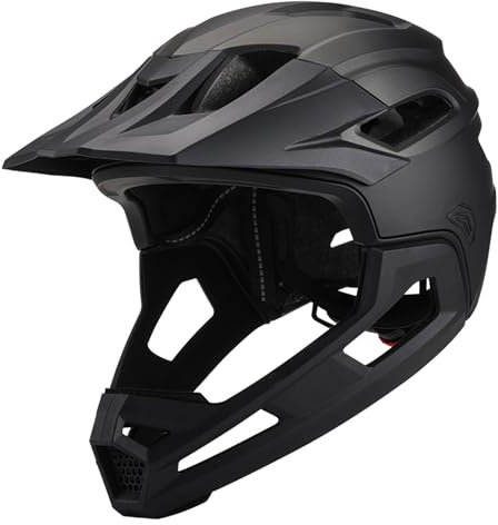 Full Face Mountain Bike Helmet for Adults - PC Breathable Shock-Proof With Detachable Chin Holder & Visor, Adjustable Unisex Black for Outdoor Biking