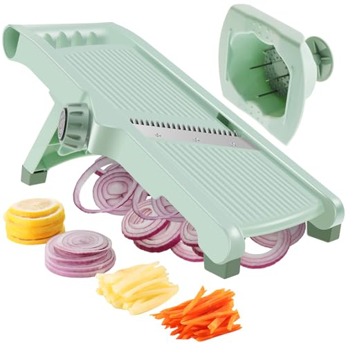 NZWBSHSSP 5-in-1 Adjustable Mandolin Slicer with Stainless Steel Blades, Green ABS Body, Multifunctional Vegetable Slicer