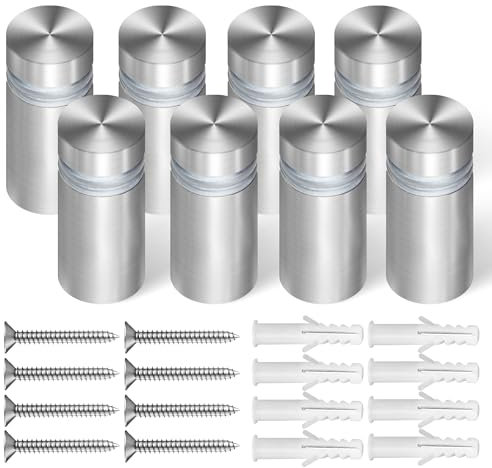 Anley Tornillos Separadores para Señalización, Juego de 8 Piezas con Tacos de Pared y Espaciadores de Goma - Montajes de Pared con Clavos de Acero Inoxidable-Colgar Letreros y Paneles(1/2 x 1 Pulgada)