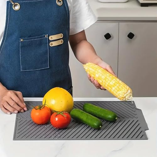 Folding Silicone Draining Mat,Gray, Eco Friendly Dish Drying Mat Anti-Skid and Heat Insulation Pad, Sink Drainer Mat with Dense Drainage Grooves (34×43cm)