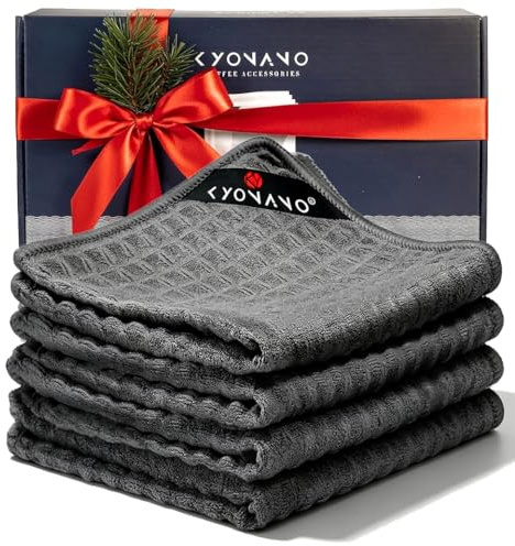 KYONANO Espresso Accessories, Barista Towels 4 Pack, Waffle Weave, 30*30cm | Absorbency, Fast Drying, with Hanging Loop, Lint-Free, Streak-Free, Machine Washable, Coffee Towels for Steam Wand & Machine