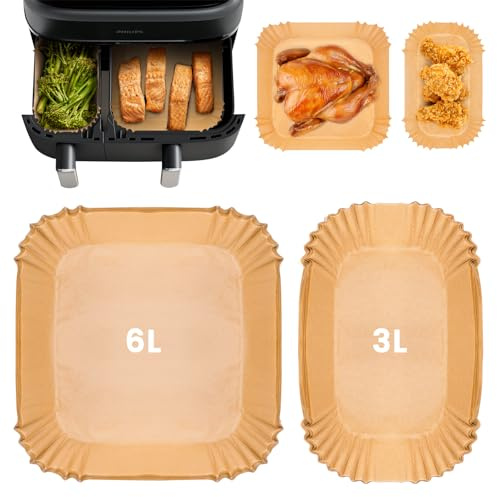 Tuocal Papier Cuisson Air Fryer pour Philips Airfryer Série 3000, 120 Pièces Papier Cuisson pour Philips Accessoires Dual Basket Airfryer 9 Litres NA350/00 Plat pour Air Fryer ((60pcs 6L+60pcs 3L)
