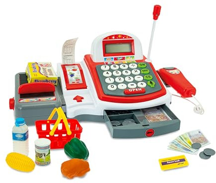 Teorema Giocattoli, Cassa Giocattolo per Bambini, Registratore di Cassa Giocattolo con Scanner Luci e Suoni, Calcolatrice Vera, Scontrino Estraibile e Accessori Supermercato Inclusi