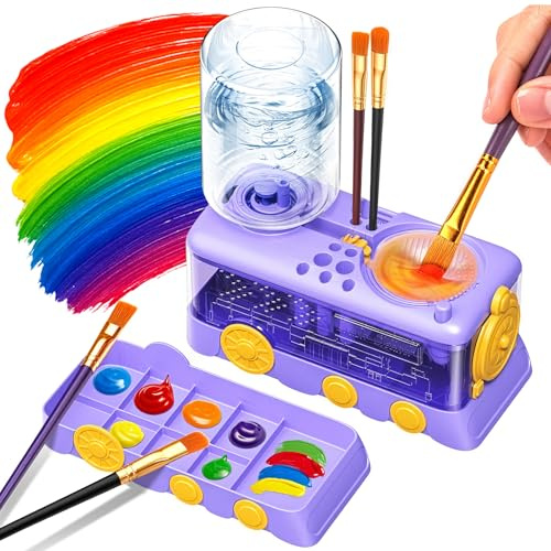 Paint Brush Cleaner Pinselreiniger mit Farbwanne, verbessertes Cartoon-Malzubehör, mit Abfluss und Pinselhalter, Pinselreinigungsgerät mit Wasserkreislauf für Acryl, Aquarell- und Wasserfarben(Purple)