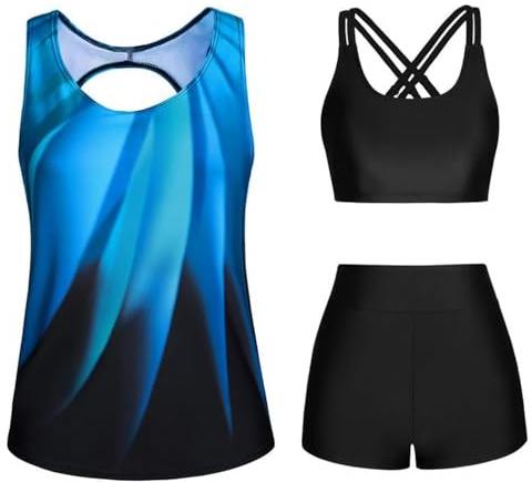 3 Pieces Tankini Swimwear Sets for Women UK Sale Clearance Ladies Tank Tops Gym Cami Vintage Floral Printed Swimsuit with Shorts Sports Training Racerback Bathing Suit Athletic Swimming Costume