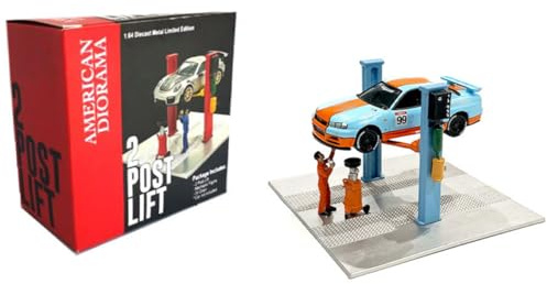 Kidaromo 1:64 Garage Lift & Accessory Model Set, Include Auto Lift, Oil Drain Pan & Figure, Realistic Miniature Car Workshop Diorama for Diecast Display, for Car Fans(Cars not Included)