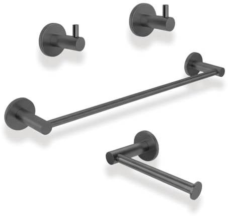 Set de 4 Accesorios de Baño Acero Inoxidable Piezas Premium - Toallero 40 Cm, Portarrollos y 2 Perchas - Color Black Gun Metal con Acabado PVD y Doble Fijación - The Bath Point