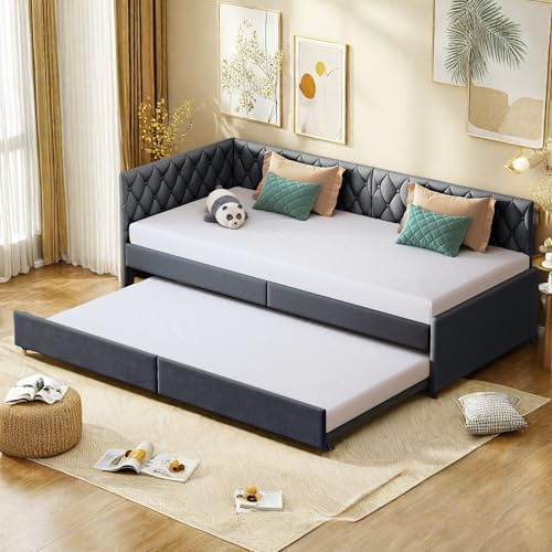 SHAODENG Schlafsofa 90/180x200 mit Ausziehbett, umwandelbar Klappschlafsofa, L-förmiges Sofabett Tagesbett Gästebett mit Lattenrost, Gepolstert Bett für Wohnzimmer, Wohnung, Grau Samts ohne Matratze