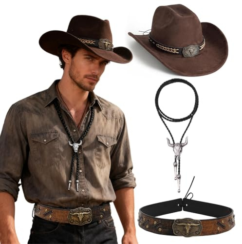 Cowboyhut Fasching, Westernhut,Leder Krawatte Cowboy Schädel,Cowboyhüte Gürtel,im Westernstyle, Karneval,Halloween Dekoration, Geburtstagsgeschenk, Weihnachten Geschenke