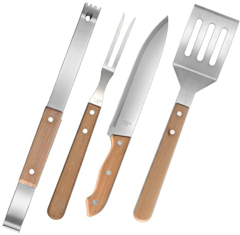 Ensemble D’ustensiles pour Barbecue 1 Set Acier Inoxydable et Bois | Poignée Antidérapante, Prise Confortable, Facile à Utiliser, Transport Pratique pour Pique-niques et Grillade Extérieure