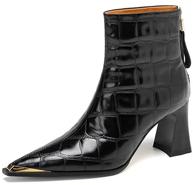 JIEEME Cuir véritable bout pointu fermeture éclair femmes talons hauts, talon bloc fait main bottes cheville pour femmes grande taille Z898-688s, Noir , 38 EU