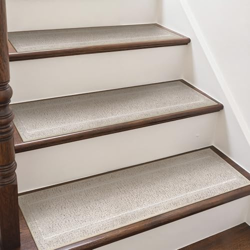 sarben Stufenmatten Innen rutschfest 15 Stück, Treppenstufen Matten Selbstklebend 76x20cm, Waschbarer Treppenteppich mit TPE-Rücken, Treppenschutz für Holztreppen, Kinder Senioren Haustiere, Beige
