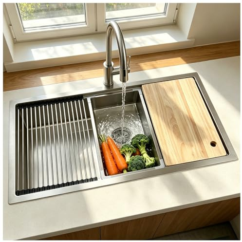 Fregadero de cocina de 80 x 50 cm, con textura mate, de acero inoxidable, 1 lavabo, con escurridor, tubo de drenaje, tabla de cortar, cuadrado grande, para restaurante familiar