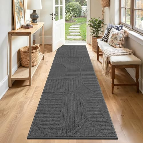 SHACOS Grau Läufer Flur rutschfest 60x240 cm, Waschbarer Teppich Läufer Lang Modern, Küchenteppich Küchenläufer Waschbar, Flurläufer für Eingang Küche