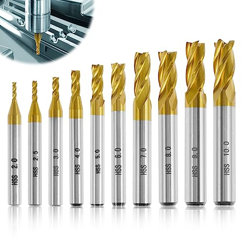 Hårdmetall skaftfräs 10 stycken 2–10 mm VHM skaftfräs set titan 4 flöjtfräsar för CNC-plast metall rostfritt stål kolstål aluminium trä akryl (guld)