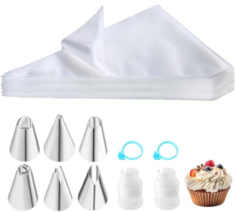 110Pcs Icing Piping Kit, Steel Tips, Disposable Piping Bags and Nozzles Set | 100 Disposable Medium-Sized Piping Bags, 6 Piping Tips, 2 Converters and 2 Drawstrings, Suitable for Cake and Dessert Making