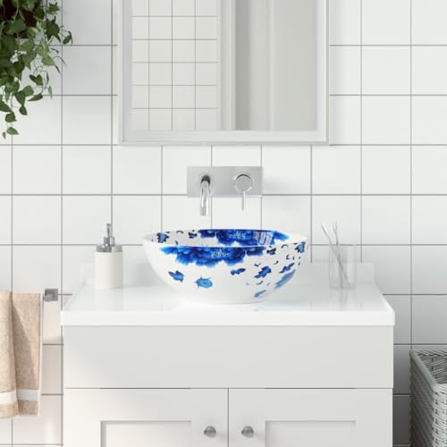 Lavabo da appoggio rotondo, diametro 41 x 14 cm, in ceramica, motivo vintage, per bagno, bagno degli ospiti