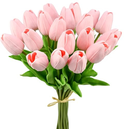 Mandy's Artificial Tulips 20 Stems Light Pink PU Faux Flowers for Valentine's Day and Easter Decorations Wedding Home Decor 13.5 Inch