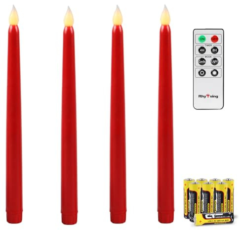 Rhytsing Rot 4 Flammenlose LED Spitzkerzen mit Timerfunktion, Led Stabkerzen Tafelkerzen, Leuchterkerzen mit warmweißes Licht, Höhe je 27.5cm, Fernbedienung und Batterien enthalten