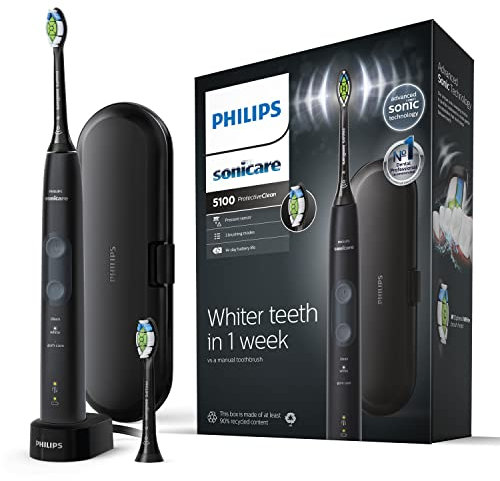 Philips Sonicare ProtectiveClean 5100 Electric Toothbrush, Black, with Travel Case, 3 x Cleaning Modes & 2 x Whitening Brush Head, (UK 2-pin Bathroom Plug) - HX6850/39