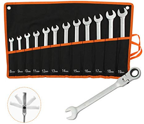 Todeco Jeu de clés mixtes avec sac de transport, 12 pièces Cles plates a cliquet, Cle mixte 8-19 mm, Jeu de clés Métrique